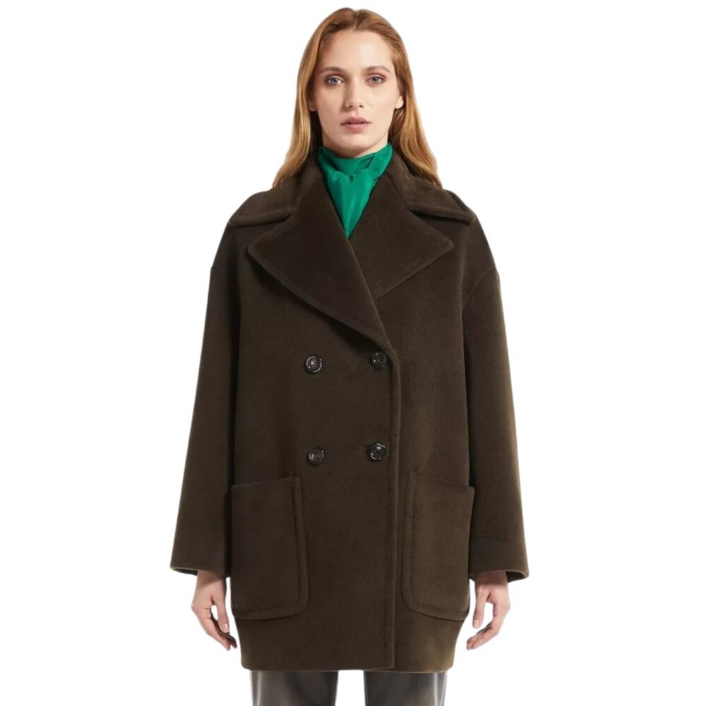 NWT Max Mara STUDIO Gelada Wool Pea Coat in Kaki Brown